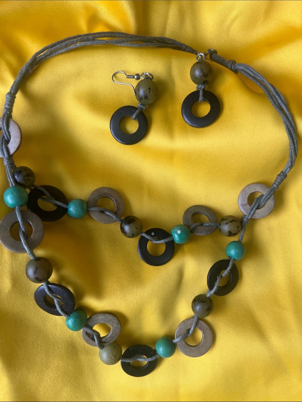 Boho Multi-Tone Wood Bead Necklace & Earring Set - Green and Brown